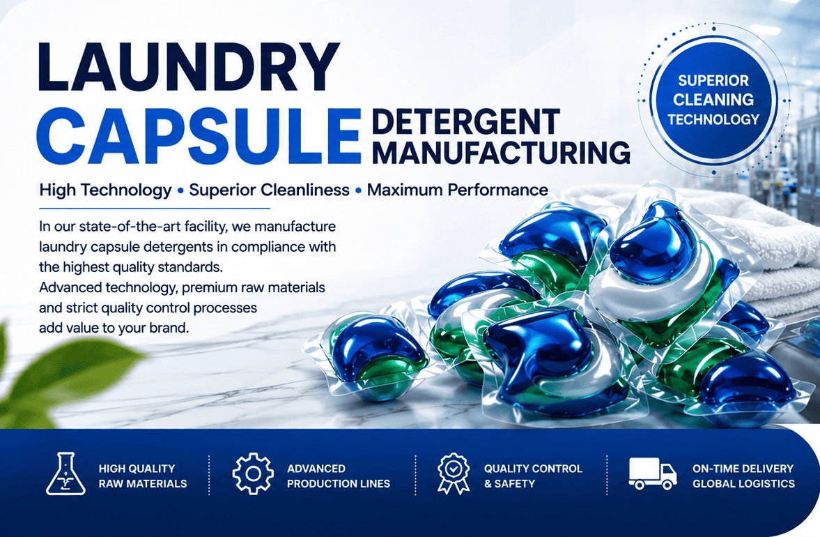 High-tech laundry capsule production facility with modern machinery, premium detergent capsules, and automated manufacturing processes.