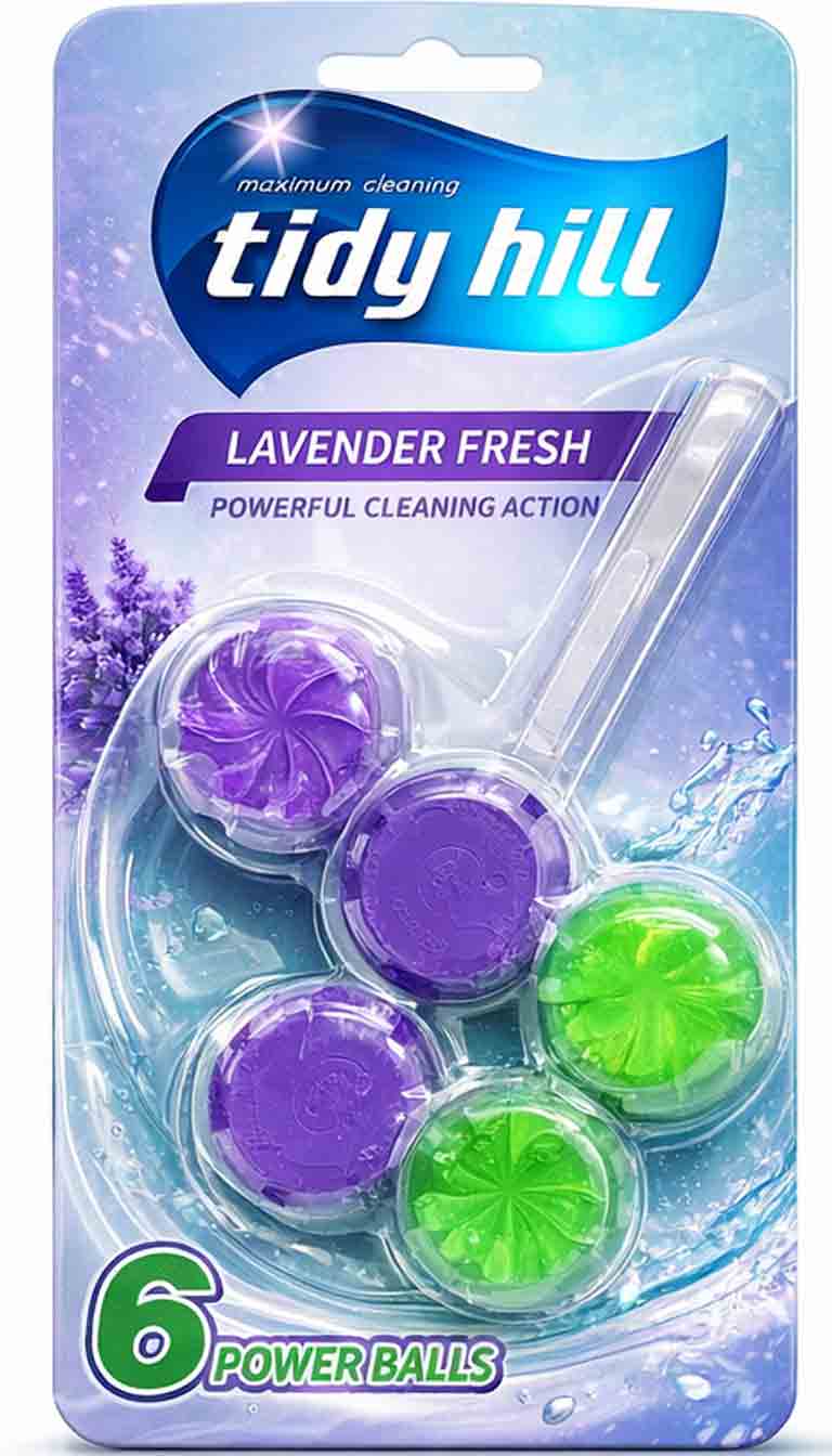 Tidy Hill lavanta kokulu WC blok, güçlü temizlik sağlayan 6’lı power ball tuvalet temizleyici. Tidy Hill Lavender Fresh toilet rim block with lavender scent, powerful cleaning action, 6 power balls