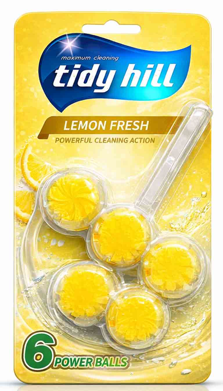 Tidy Hill Lemon Fresh limon kokulu WC blok, ferah temizlik sunan 6’lı power ball tuvalet temizleyici. Tidy Hill Lemon Fresh toilet rim block with lemon scent, fresh and powerful cleaning, 6 power balls
