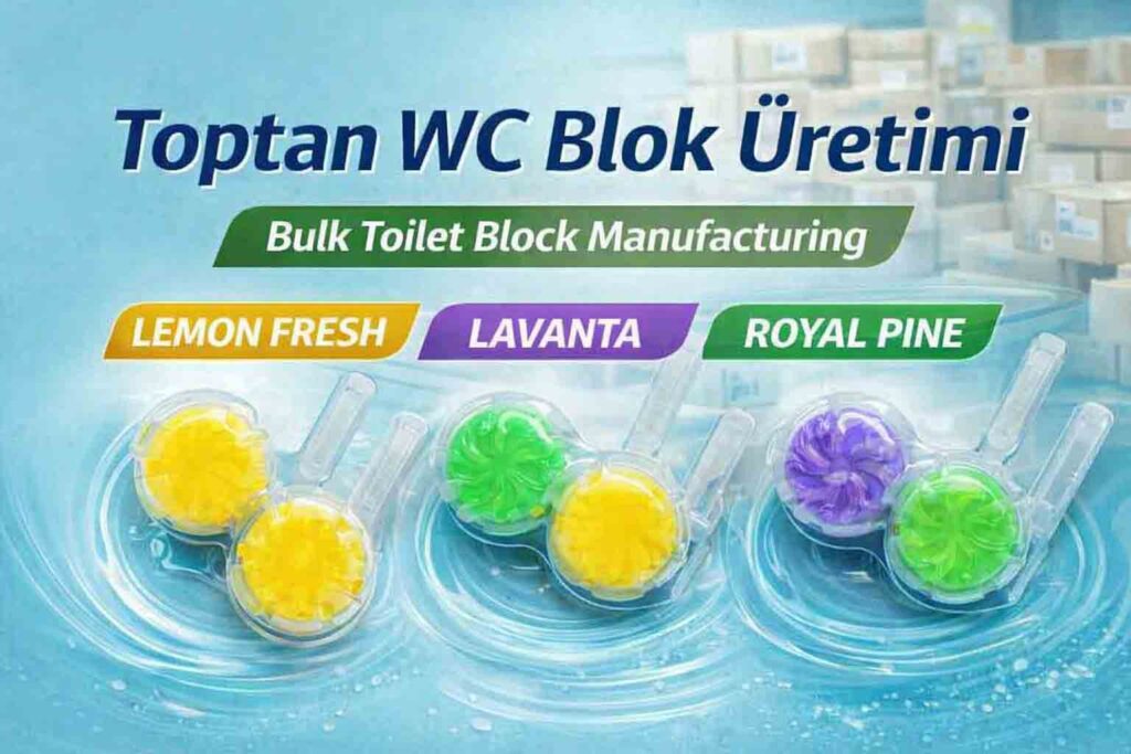WC blok üreticileri tarafından üretilen limon, lavanta ve royal pine kokulu toptan WC blok ürünleri. Bulk toilet blocks produced by WC block manufacturers in lemon, lavender and royal pine scents